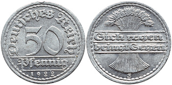 Германия 50 пфеннигов 1922 FG KM 27, J. 301, Weege 10 алюминий 4364-2814