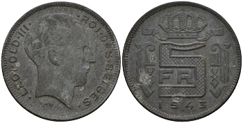 Бельгия 5 франков 1943 DES BELGES KM 129.1 цинк 4556-1032
