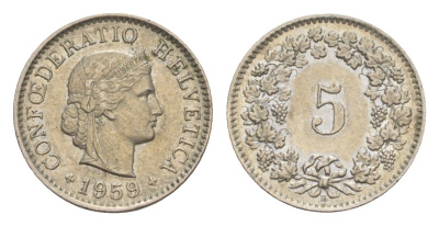 Швейцария 5 раппенов 1959 B KM 26 медно-никель 4643-338