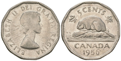 Канада 5 центов 1956 Елизавета II (1952-2022), бобер KM 50a никель 4364-3123