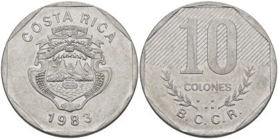 Коста-Рика 10 колонов 1983 B.C.C.R. KM 215.1 нержавеющая сталь 82-112