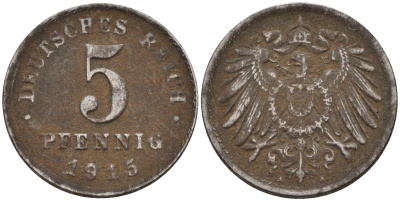 Германия 5 пфеннигов 1915 A KM 19, J. 297 железо 4151-559