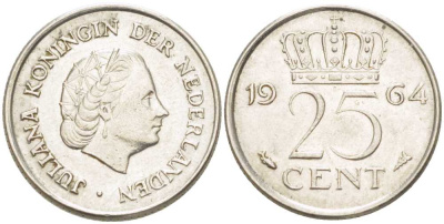 НИДЕРЛАНДЫ 25 ЦЕНТОВ 1964 ЮЛИАНА (1948-1980) KM 183 никель 214-938