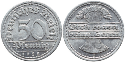 Германия 50 пфеннигов 1922 FG KM 27, J. 301, Weege 10 алюминий 4364-2814