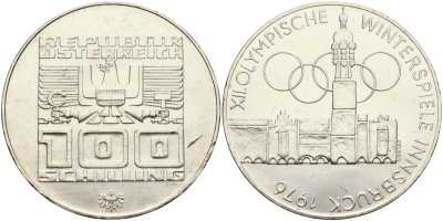 Австрия 100 шиллингов 1974 XII зимние Олимпийские игры в Инсбруке, ратуша и олимпийские кольца KM 2927 серебро UNC 02-118-12