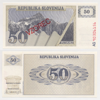 СЛОВЕНИЯ 50 ТОЛАРОВ 1990 ОБРАЗЕЦ Pick 5s1 бумага UNC (ПРЕСС) 6280-64-1