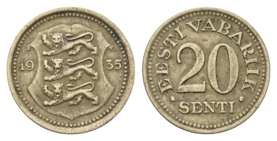 Эстония 20 сентов 1935 год-тип KM 17 никель латунь 08-1338