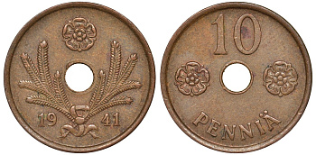 Финляндия 10 пенни 1941 республика (1918-1962) KM 33.1 медь 51-3624