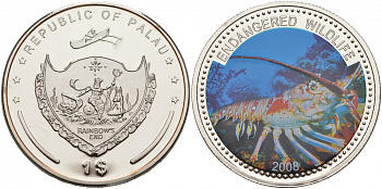 Палау 1 доллар 2008 серия вымирающие виды, лобстер, цветная эмаль KM 167 медно-никель PROOF M2-16