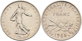 Франция 1 франк 1968 сеятель KM 925.1 никель    4177-247