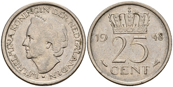Нидерланды 25 центов 1948 Вильгельмина I (1890-1948) KM 178 никель    4189-165