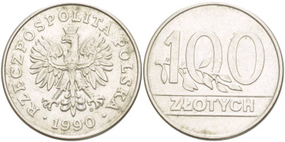 Польша 100 злотых 1990 MW, Демократическая Республика KM 214, Parchimowicz 602 медно-никель 4542-1015