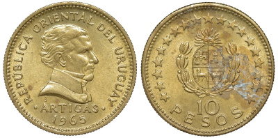 Уругвай 10 песо 1965 KM 48 алюминиевая бронза 4572-823