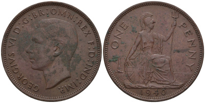 Великобритания 1 пенни 1940 Георг VI (1936-1952) KM 845, Spink 4114 бронза 4607-1233