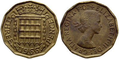 Великобритания 3 пенса 1966 Елизавета II (1952-2022) KM 900, Spink 4153 никель латунь 4393-1256