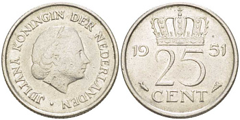 Нидерланды 25 центов 1951 Юлиана (1949-1980) KM 183 никель 214-917
