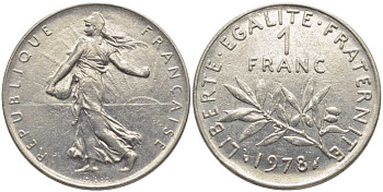 ФРАНЦИЯ 1 ФРАНК 1978 СЕЯТЕЛЬ KM 925.1, LE FRANC 226.23 никель 175-546