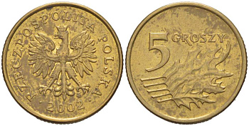 Польша 5 грошей 2002 MW KM 278 латунь 217-617