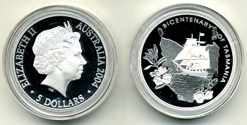 АВСТРАЛИЯ 5 ДОЛЛАРОВ 2004 200 ЛЕТ ОТКРЫТИЯ ТАСМАНИИ - ПАРУСНИК Ш2
