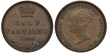 Великобритания 1/2 фартинга 1844 Виктория (1837-1901) KM 738, Spink 3951 медь 1524-125