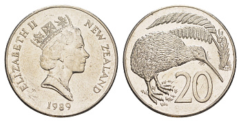 Новая Зеландия 20 центов 1989 Елизавета II (1952-2022), птичка киви KM 62 медно-никель 86-1543