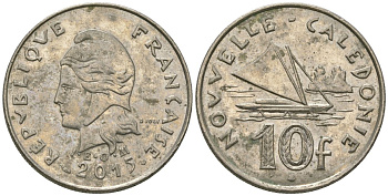 Французская Новая Каледония 10 франков 2015 рыбачья парусная лодка, (IEOM) KM 11a, Schoen 13a, Lec 99k медно-никель 68-211