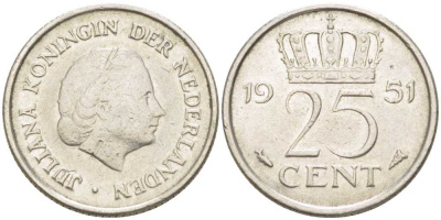 Нидерланды 25 центов 1951 Юлиана (1949-1980) KM 183 никель 214-917