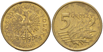 Польша 5 грошей 2002 MW KM 278 латунь 217-617