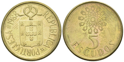 Португалия 5 эскудо 1988 KM 632 никель латунь 4148-437