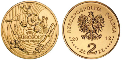 Польша 2 злотых 2012 чемпионат Европы по футболу, евро 2012, УЕФА, Польша-Украина KM 823 латунь UNC 4566-113