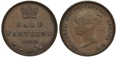 Великобритания 1/2 фартинга 1844 Виктория (1837-1901) KM 738, Spink 3951 медь 1524-125