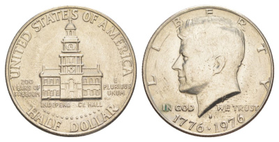 США 1/2 доллара (50 центов) 1976 D, 200 лет независимости, Джон Кеннеди KM 205 медь плакированная медно-никелем aUNC 4545-1233