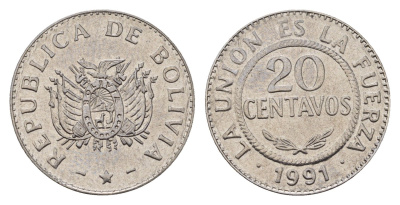 Боливия 20 сентаво 1991 KM 203 нержавеющая сталь UNC 181-152