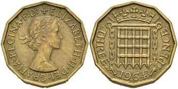 Великобритания 3 пенса 1964 Елизавета II (1952-2022) KM 900, Spink 4153 никель латунь 4561-1035