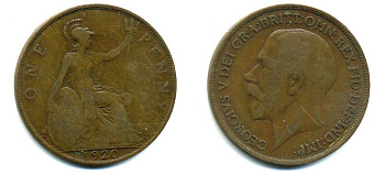 Великобритания 1 пенни 1920 Георг V (1910-1936) KM 810, Spink 4051 бронза 41-324