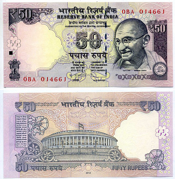 Индия 50 Рупий 2012 Ганди, без буквы, подпись SUBBARAO Pick 104a бумага UNC (пресс) 2192-28-1-2