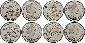 Остров Мэн 1 крона 2014 Зимние Олимпийские игры 2014 года в Сочи, коллекция из четырех монет KM NEW медно-никель UNC M94-07