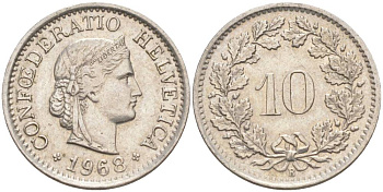 ШВЕЙЦАРИЯ 10 РАППЕНОВ 1968 В KM 27 медно-никель 55-356