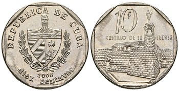 Куба 10 сентаво 2000 форт в Гаване Ла-Фуэрса KM 576.2 сталь плакированная никелем UNC 4528-1021