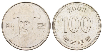 Южная Корея 100 вон 2008 Ли-Сунсин, корейский флотоводец KM 35 медно-никель 4629-721