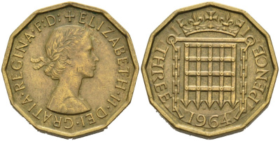 Великобритания 3 пенса 1964 Елизавета II (1952-2022) KM 900, Spink 4153 никель латунь 4561-1035