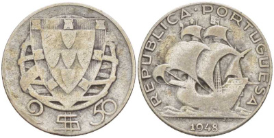 ПОРТУГАЛИЯ 2,5 ЭСКУДО 1948 ПАРУСНИК KM 580 серебро 1521-1241
