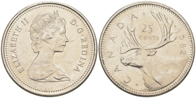 Канада 25 центов 1982 Елизавета II (1952-2022), олень карибу, второй портрет в короне KM 74 никель 190-457