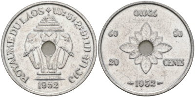Лаос 20 центов 1952 король Сисаванг Вонг (1904-1959), слоны KM 5 алюминий 4572-314