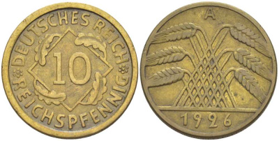 ГЕРМАНИЯ 10 РЕЙХСПФЕННИГОВ 1926 A KM 40, J. 317, Weege 9 алюминиевая бронза 210-352