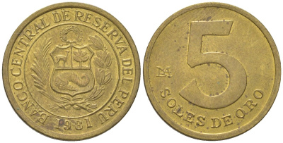Перу 5 солей 1981 LIMA KM 271, Schon 72 латунь 4611-829