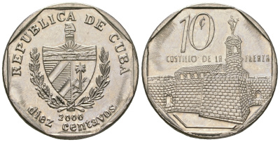 Куба 10 сентаво 2000 форт в Гаване Ла-Фуэрса KM 576.2 сталь плакированная никелем UNC 4528-1021