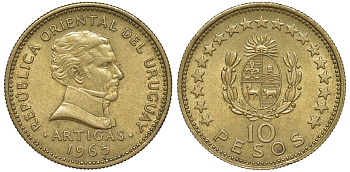 Уругвай 10 песо 1965 KM 48 алюминиевая бронза 4574-945