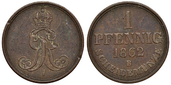 Ганновер 1 пфенниг 1862 B, Георг V KM 233, AKS 156, J. 90 медь 4594-552
