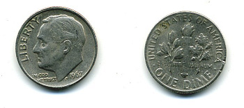 США 10 центов (дайм) 1967 Рузвельт KM 195а медь плакированная медно-никелем 4364-346